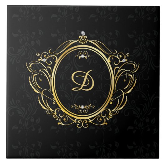 Luxe gouden lijst monogram zwarte damast rug tegeltje (Voorkant)