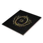 Luxe gouden lijst monogram zwarte damast rug tegeltje (Zijkant)