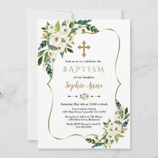 Luxe Gouden Lijst Witte Bloemen Meisje Doop Kaart (Voorkant)