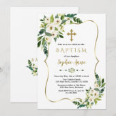 Luxe Gouden Lijst Witte Bloemen Meisje Doop Kaart (Voorkant / Achterkant)