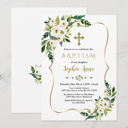 Luxe Gouden Lijst Witte Bloemen Meisje Doop Kaart (Voorkant / Achterkant)