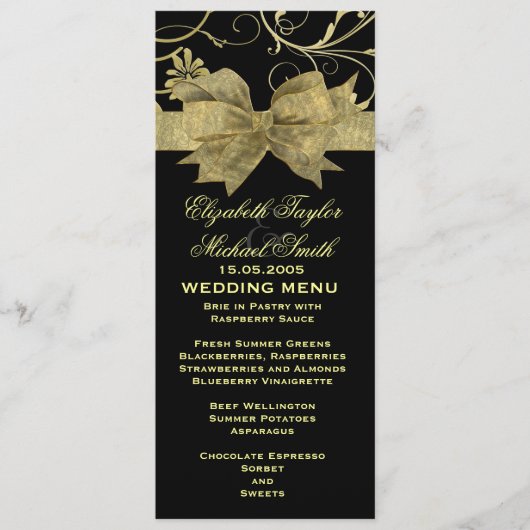 Luxe Gouden Lint Damask Zwart Bruiloft Menu (Voorkant)