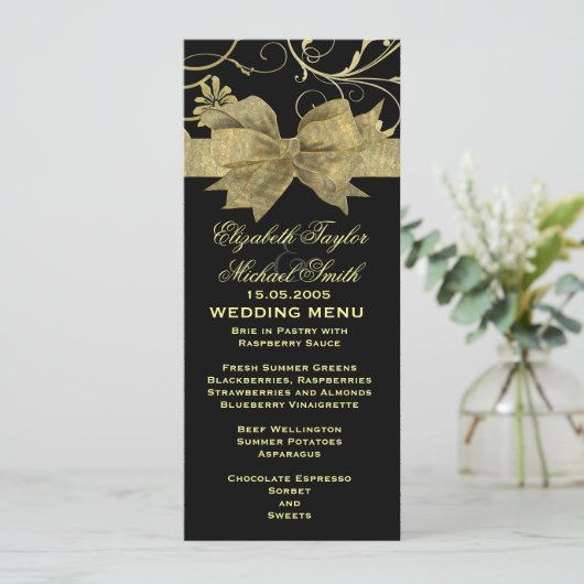 Luxe Gouden Lint Damask Zwart Bruiloft Menu (Staand voorkant)