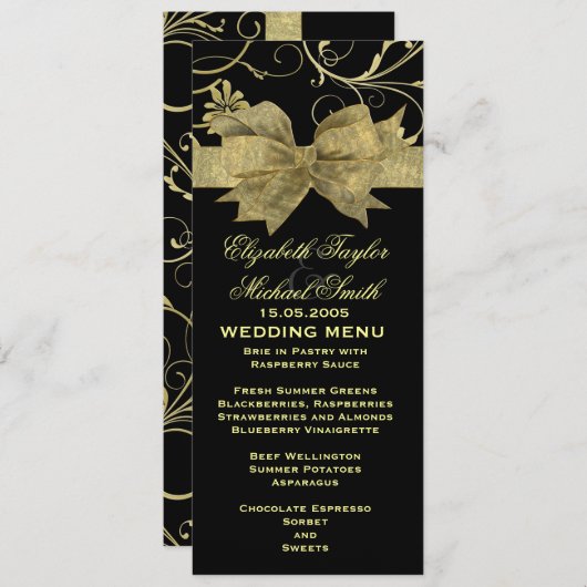 Luxe Gouden Lint Damask Zwart Bruiloft Menu (Voorkant / Achterkant)