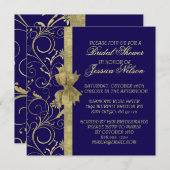 Luxe Gouden Lint Damast Blauwe Douche Invite Kaart (Voorkant / Achterkant)