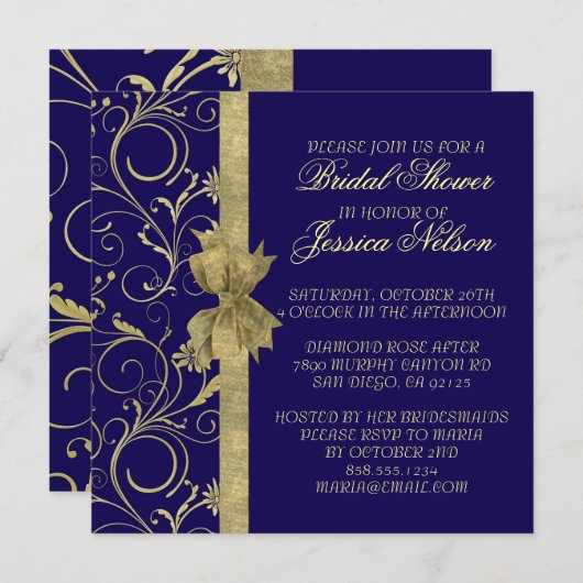 Luxe Gouden Lint Damast Blauwe Douche Invite Kaart (Voorkant / Achterkant)