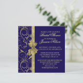 Luxe Gouden Lint Damast Blauwe Douche Invite Kaart (Staand voorkant)