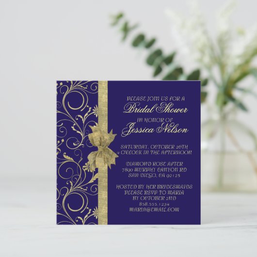 Luxe Gouden Lint Damast Blauwe Douche Invite Kaart (Staand voorkant)