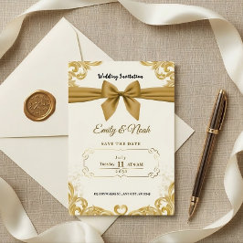 Luxe Gouden Lint & Strik Elegante Trouw Uitnodigin Kaart