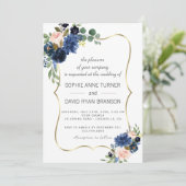 Luxe Gouden Marineblauw Blush Bloemen Bloeiende Tr Kaart (Staand voorkant)