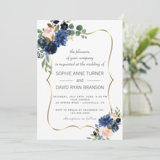 Luxe Gouden Marineblauw Blush Bloemen Bloeiende Tr Kaart (Staand voorkant)