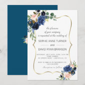 Luxe Gouden Marineblauw Blush Bloemen Bloeiende Tr Kaart (Voorkant / Achterkant)
