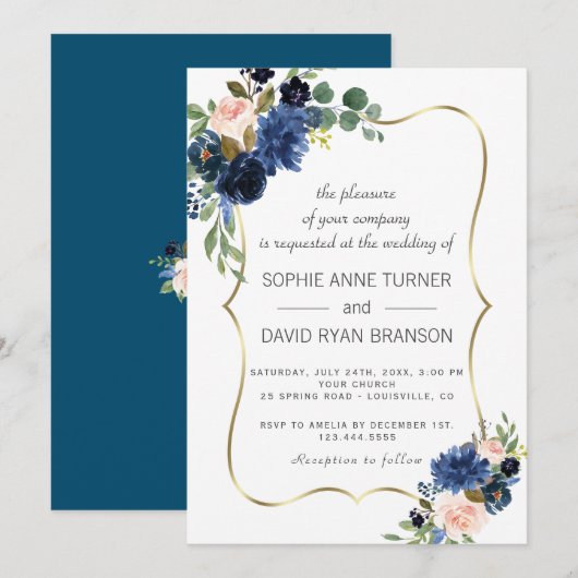 Luxe Gouden Marineblauw Blush Bloemen Bloeiende Tr Kaart (Voorkant / Achterkant)