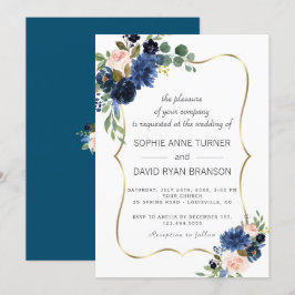 Luxe Gouden Marineblauw Blush Bloemen Bloeiende Tr Kaart