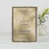 Luxe gouden marineblauw monogram initialen Huwelij Kaart (Staand voorkant)