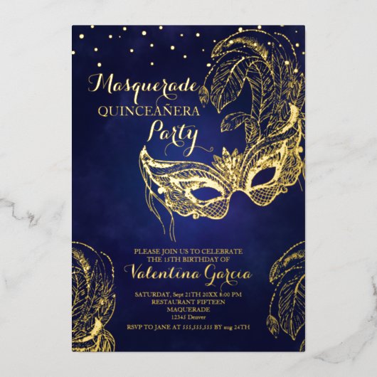 Luxe Gouden Maskerade Quinceañera Masker Ontwerp Folie Uitnodiging (Voorkant)