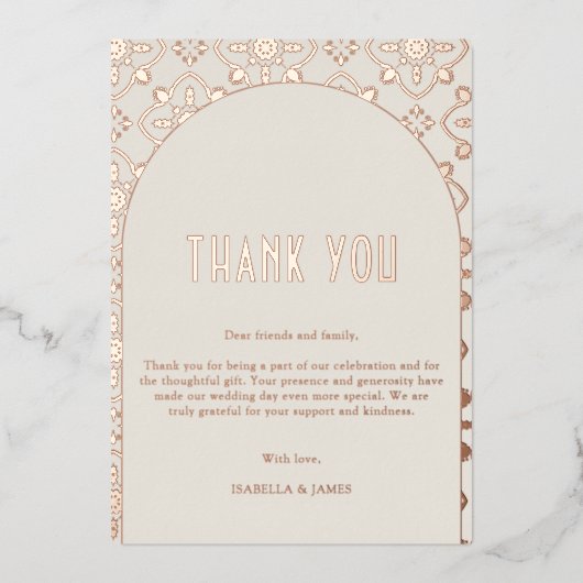 Luxe gouden mediterrane Tegel bruiloft Dank u Folie Uitnodiging (Voorkant)