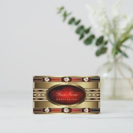 Luxe Gouden met Rood Marmer en Faux Diamonds Visitekaartje (Staand voorkant)
