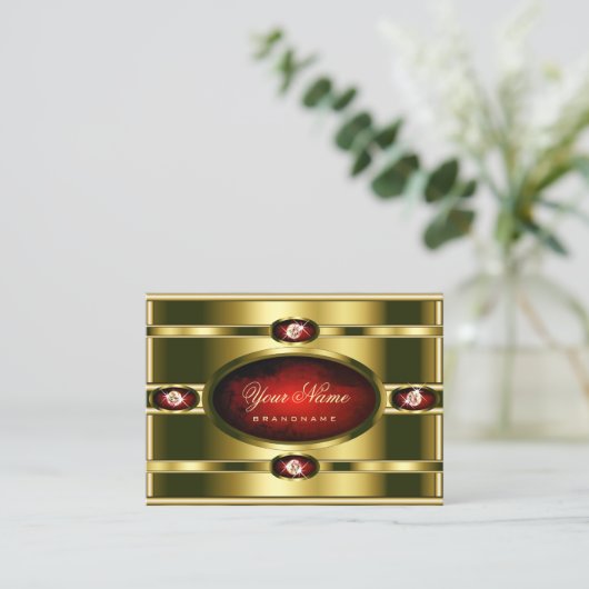 Luxe Gouden met Rood Marmer en Faux Diamonds Visitekaartje (Staand voorkant)