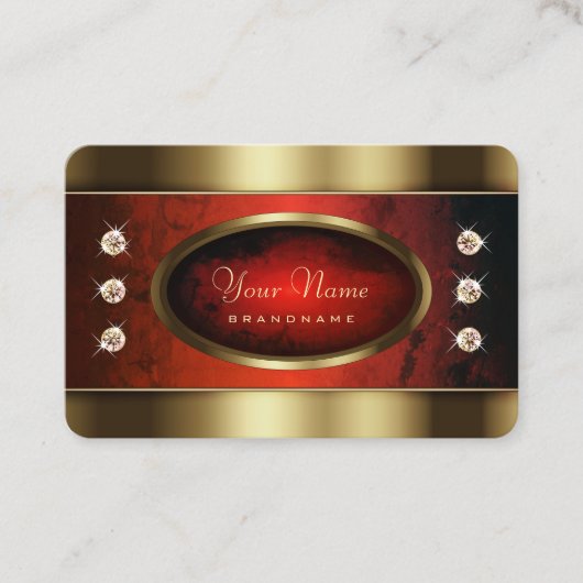 Luxe Gouden met Rood Marmeren Patroon en Diamanten Visitekaartje (Voorkant)