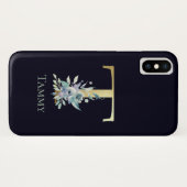 Luxe Gouden Monogram Letter T Bloem Blauw Naam Case-Mate iPhone Case (Achterkant (horizontaal))