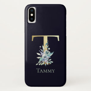 Luxe Gouden Monogram Letter T Bloem Blauw Naam Case-Mate iPhone Case