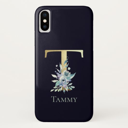Luxe Gouden Monogram Letter T Bloem Blauw Naam Case-Mate iPhone Case (Achterkant)