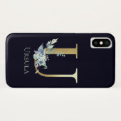 Luxe Gouden Monogram Letter U Bloem Blauw Naam Case-Mate iPhone Case (Achterkant (horizontaal))
