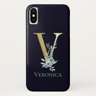 Luxe Gouden Monogram Letter V Bloem Blauw Naam Case-Mate iPhone Case
