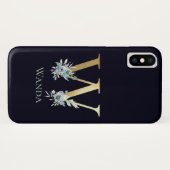 Luxe Gouden Monogram Letter W Bloem Blauw Naam Case-Mate iPhone Case (Achterkant (horizontaal))