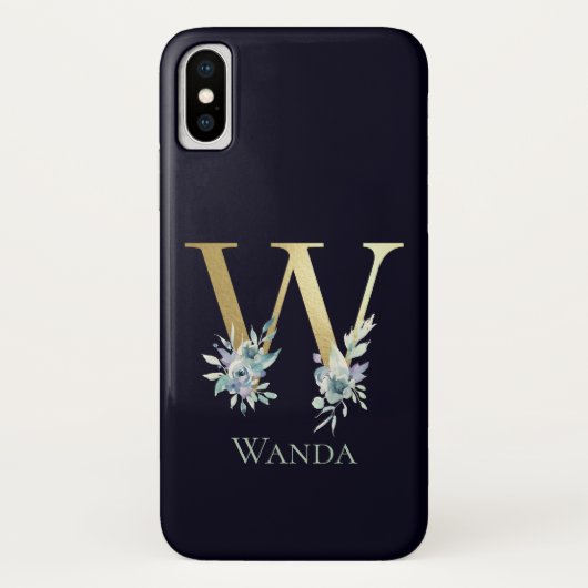 Luxe Gouden Monogram Letter W Bloem Blauw Naam Case-Mate iPhone Case (Achterkant)