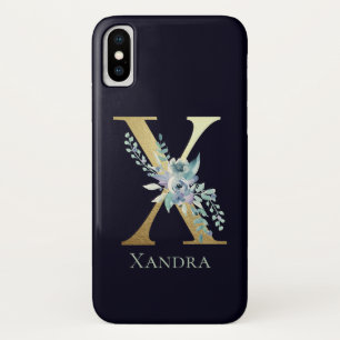 Luxe Gouden Monogram Letter X Bloem Blauw Naam Case-Mate iPhone Case