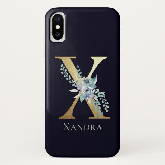 Luxe Gouden Monogram Letter X Bloem Blauw Naam Case-Mate iPhone Case (Achterkant)
