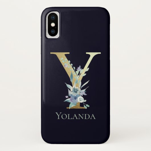 Luxe Gouden Monogram Letter Y Bloem Blauw Naam Case-Mate iPhone Case (Achterkant)