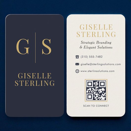 Luxe Gouden Monogram Marine Blauw QR Code Visitekaartje