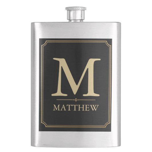 Luxe Gouden Monogram Zwarte Hip Flask Flacon (Voorkant)