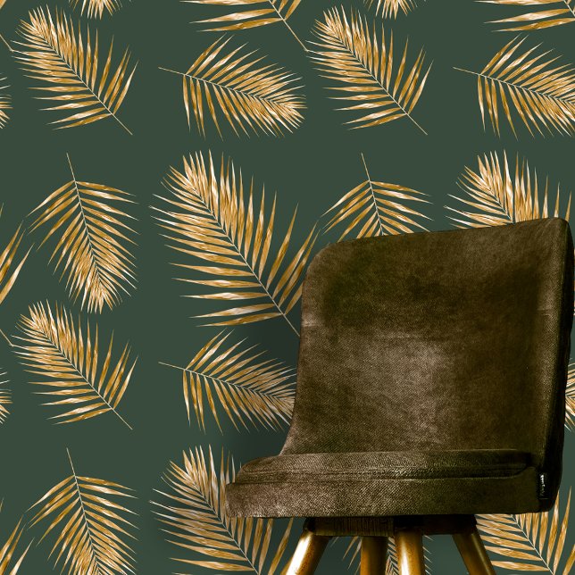 Luxe Gouden Palm Fronds op Deep Green Behang (Creator heeft geüpload)