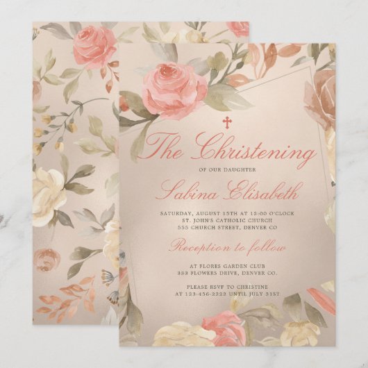 Luxe Gouden Perzik Crème Bloemen doopsel Kaart (Voorkant / Achterkant)