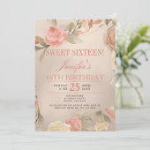 Luxe Gouden Perzik Koraal Bloemige Sweet Sixteen Kaart (Staand voorkant)