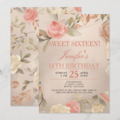 Luxe Gouden Perzik Koraal Bloemige Sweet Sixteen Kaart (Voorkant / Achterkant)