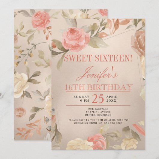 Luxe Gouden Perzik Koraal Bloemige Sweet Sixteen Kaart (Voorkant / Achterkant)