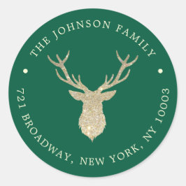 Luxe Gouden Rendier Groene Kerst Retouradres Ronde Sticker