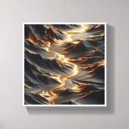 Luxe Gouden Rivier Abstract - Moderne Donkere Berg Canvas Afdruk