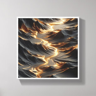 Luxe Gouden Rivier Abstract - Moderne Donkere Berg Canvas Afdruk