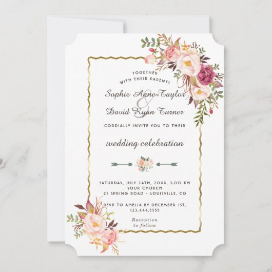 Luxe Gouden Roze Bloemrijke Bourgondiërode Trouw Kaart (Voorkant)