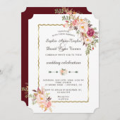 Luxe Gouden Roze Bloemrijke Bourgondiërode Trouw Kaart (Voorkant / Achterkant)