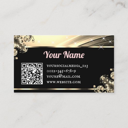 Luxe Gouden Roze Rose Glitter Sterren QR Code Logo Visitekaartje (Achterkant)