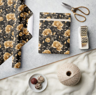 Luxe gouden Rozen zwart en gouden bloemmotief Cadeaupapier