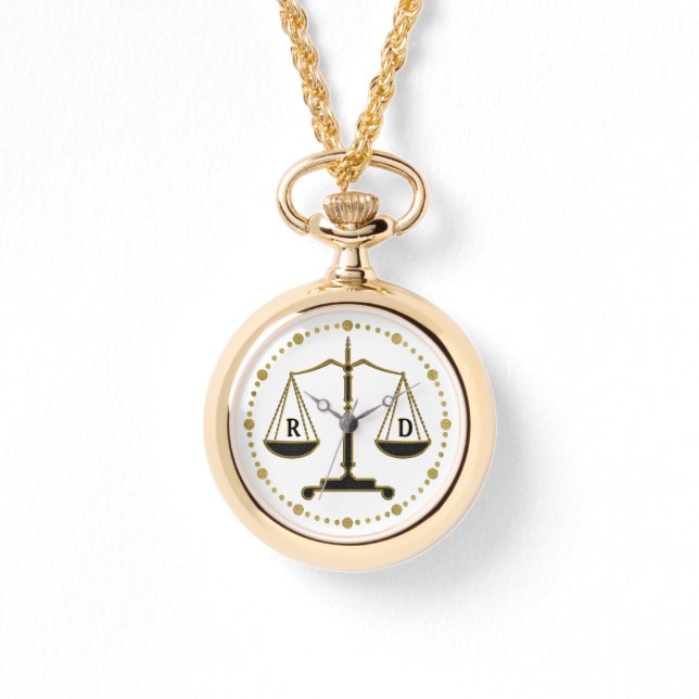 Luxe Gouden Schalen van Gerechtigheid | Initialen  Horloge (Voorkant)