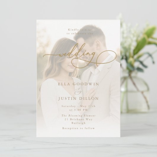 Luxe gouden script & portret bruiloft kaart (Staand voorkant)